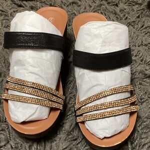 Kuriosa Black and Gold rhinestone, glitter Sandals